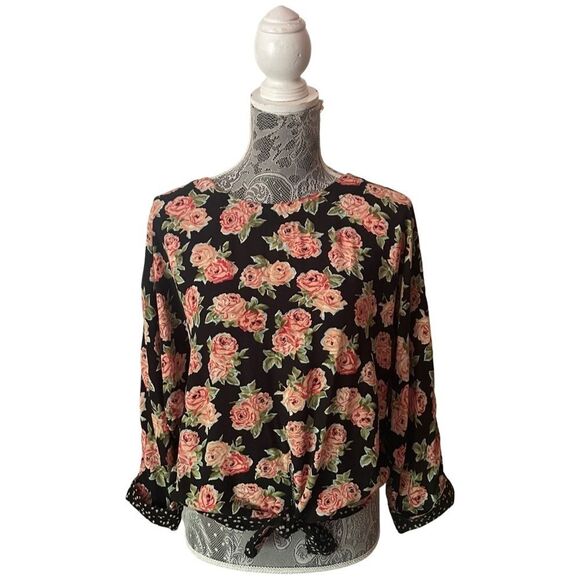 VINTAGE 90s Carole Little Floral Mixed Media Print Tie Front Blouse - Picture 1 of 7